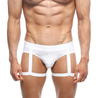 Metromalewear garter hip brief white with sheer mesh panel and three vertical straps for minimalist athletic style
