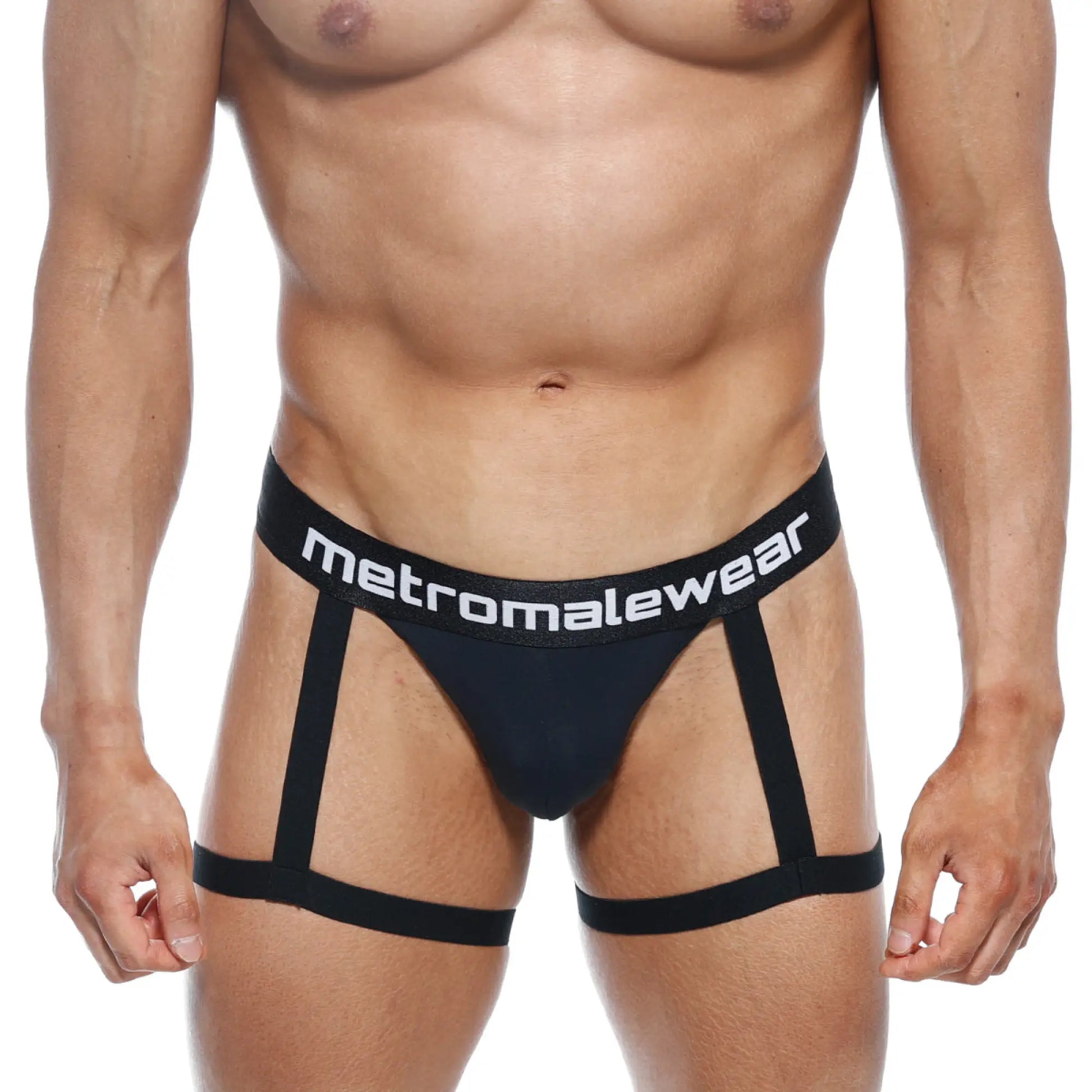 Black metromalewear garter thong briefs with a supportive strappy design for a stylish comfortable fit