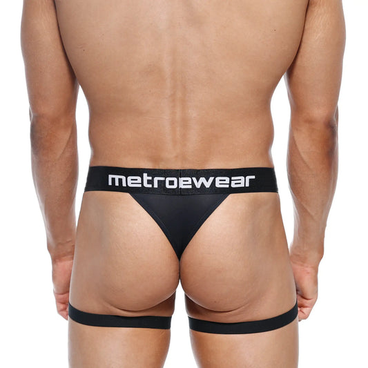 Black metrowear garter thong with wide waistband and leg straps designed for comfortable metrowear fashion
