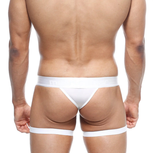 White thong briefs with matching garter leg straps by metromalewear model 2912-22 in front view