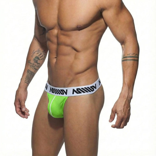 MetroMaleWear Genesis thong neon green mesh briefs with white elastic waistband and black lettering