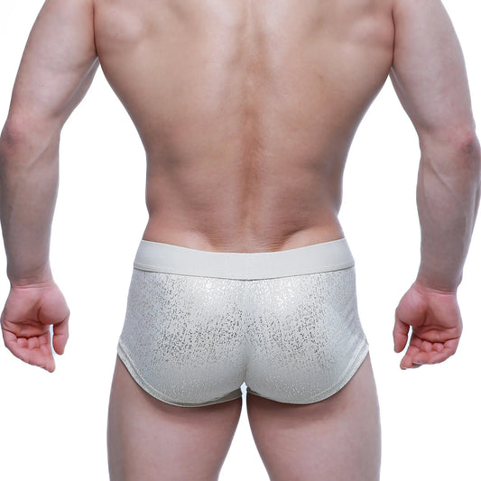 MetroMaleWear Gloria short boxer 2026-57 silver glittery briefs with solid light gray waistband front view