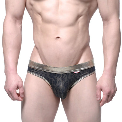 MetroMaleWear gloss bikini gold 2803-50 black leopard print mesh briefs with metallic gold waistband front view