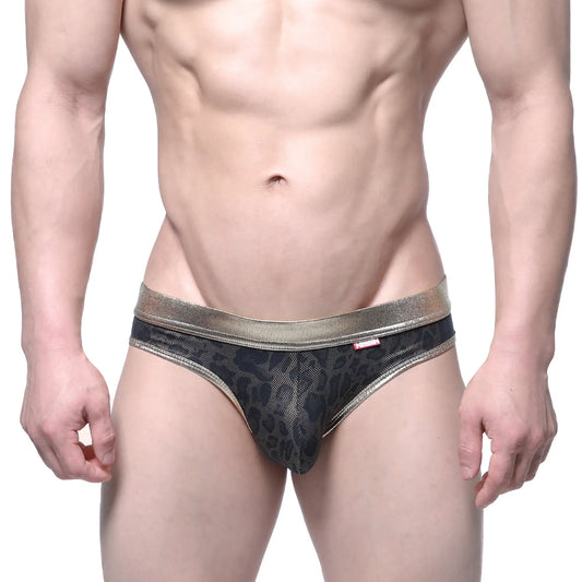 MetroMaleWear gloss bikini gold 2803-50 black leopard print mesh briefs with metallic gold waistband front view