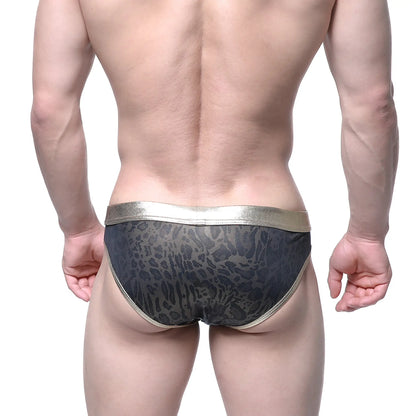 Black leopard-print swim trunks with metallic gold trim from metromalewear gloss bikini gold 2803-50 collection