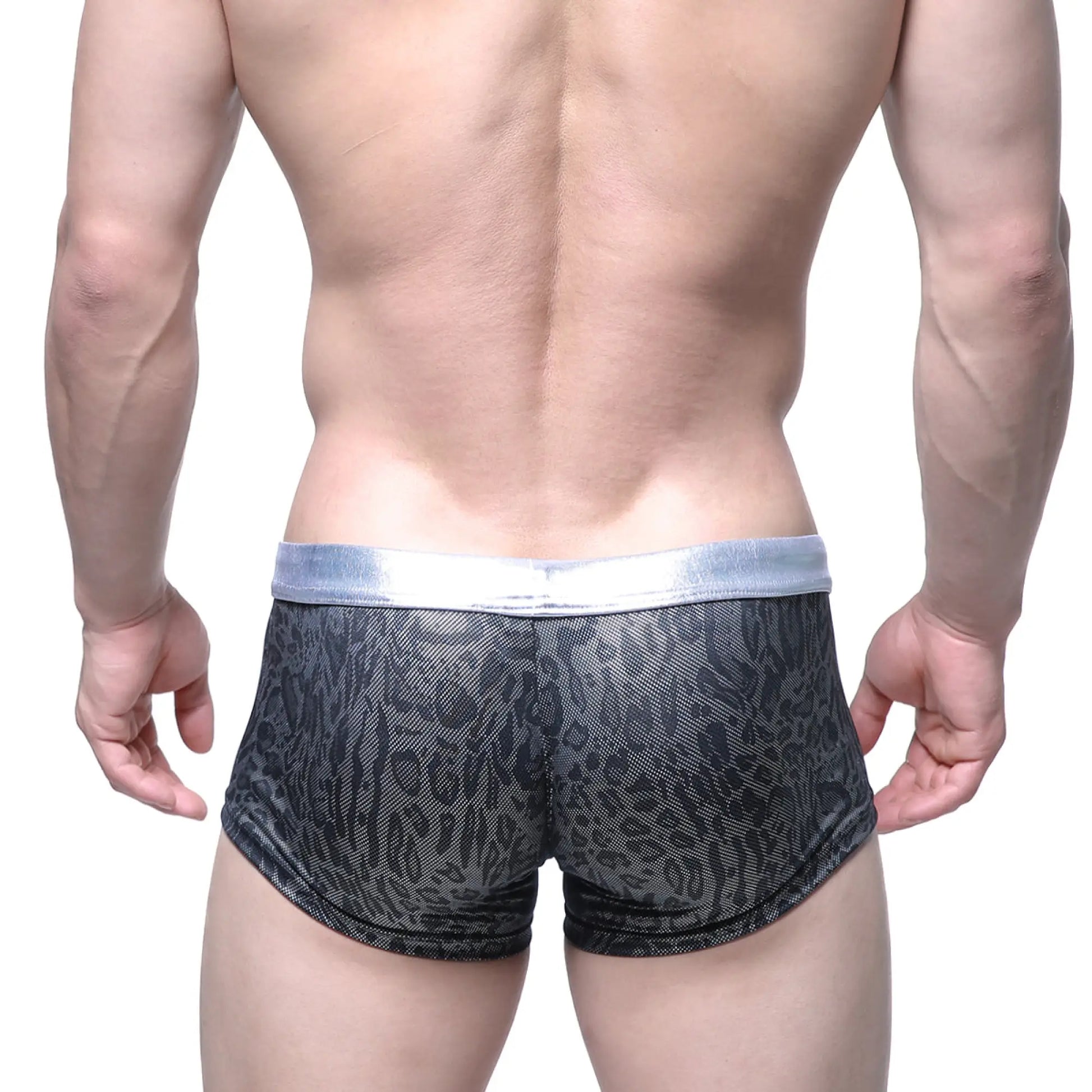 MetroMaleWear GLOSS trunk silver 2026-79 black and gray leopard-print mesh briefs with a shiny silver waistband