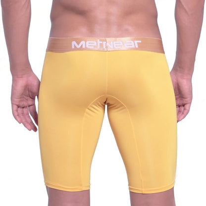 Yellow MetGear brand men’s compression shorts with tan waistband and white lettering MetroMaleWear Goldmine Long Short 15Inch