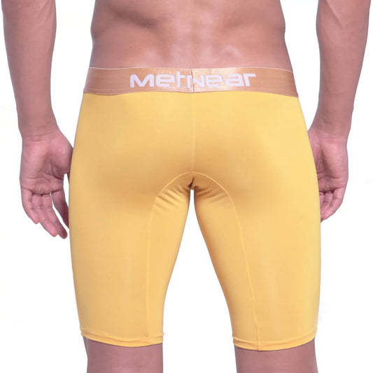Yellow MetGear brand men’s compression shorts with tan waistband and white lettering MetroMaleWear Goldmine Long Short 15Inch