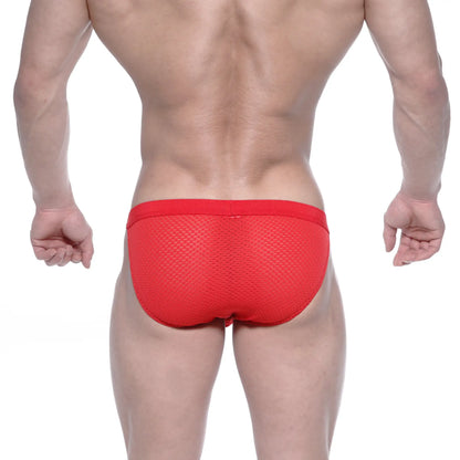 Metro male wear grabit bikini red mesh briefs feature a solid red waistband and breathable mesh material