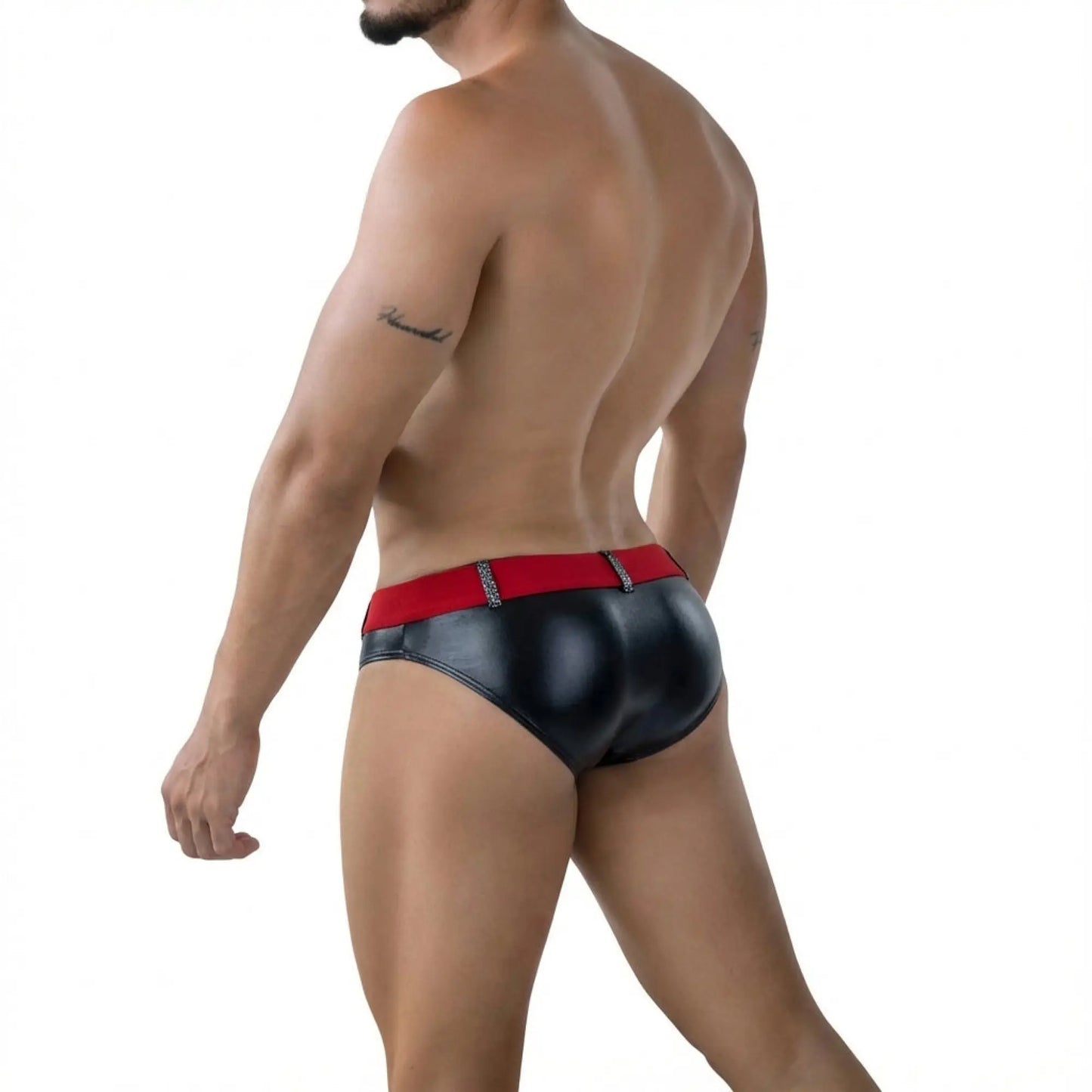 Black patent leather MetroMaleWear Gravity swim briefs with red waistband and silver rhinestone detailing