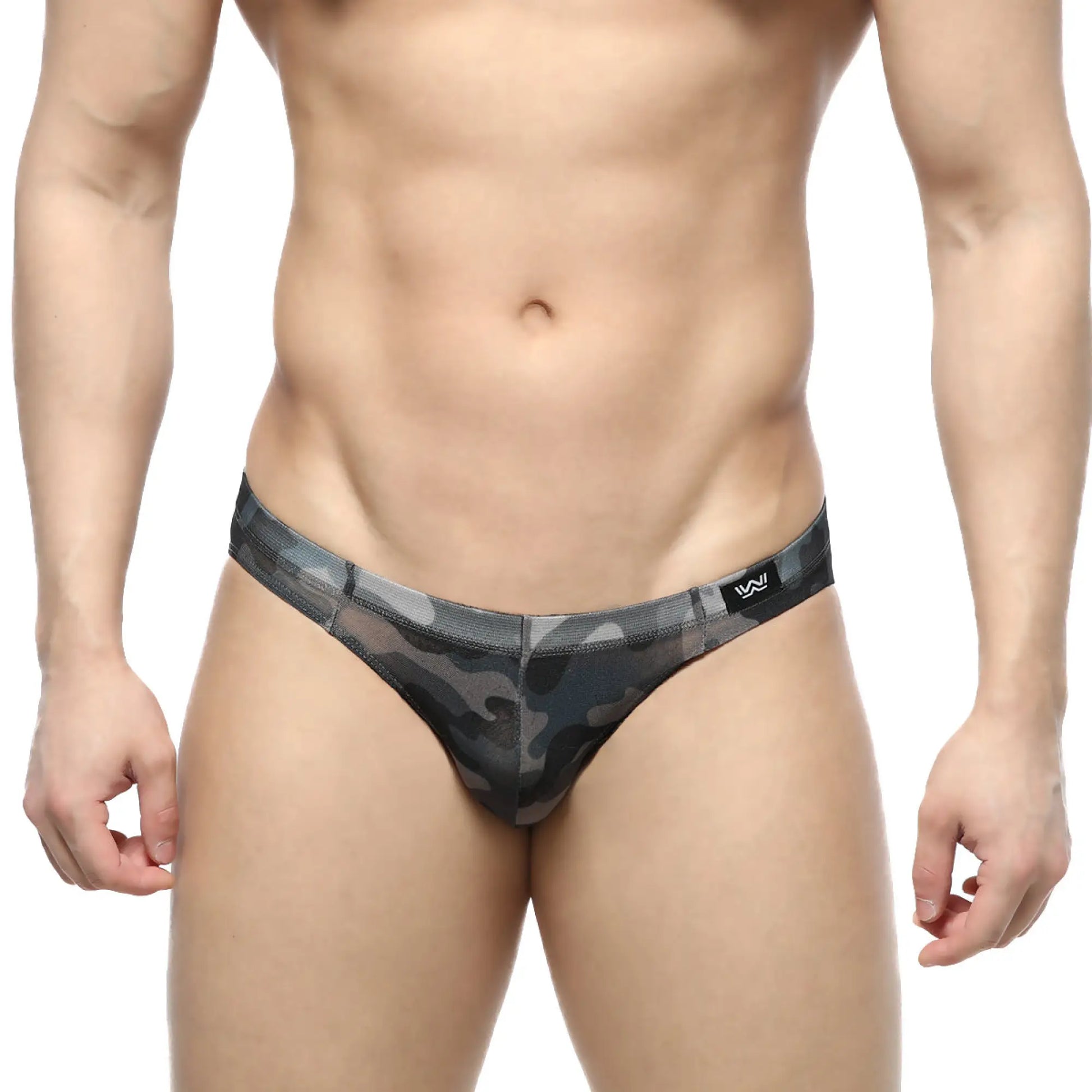 MetroMaleWear gray camo hip brief 5103-93 men’s thong with black gray camouflage mesh fabric design front view