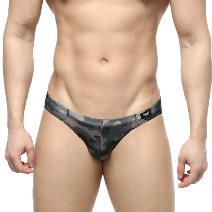 MetroMaleWear gray camo hip brief 5103-93 men’s thong with black gray camouflage mesh fabric design front view