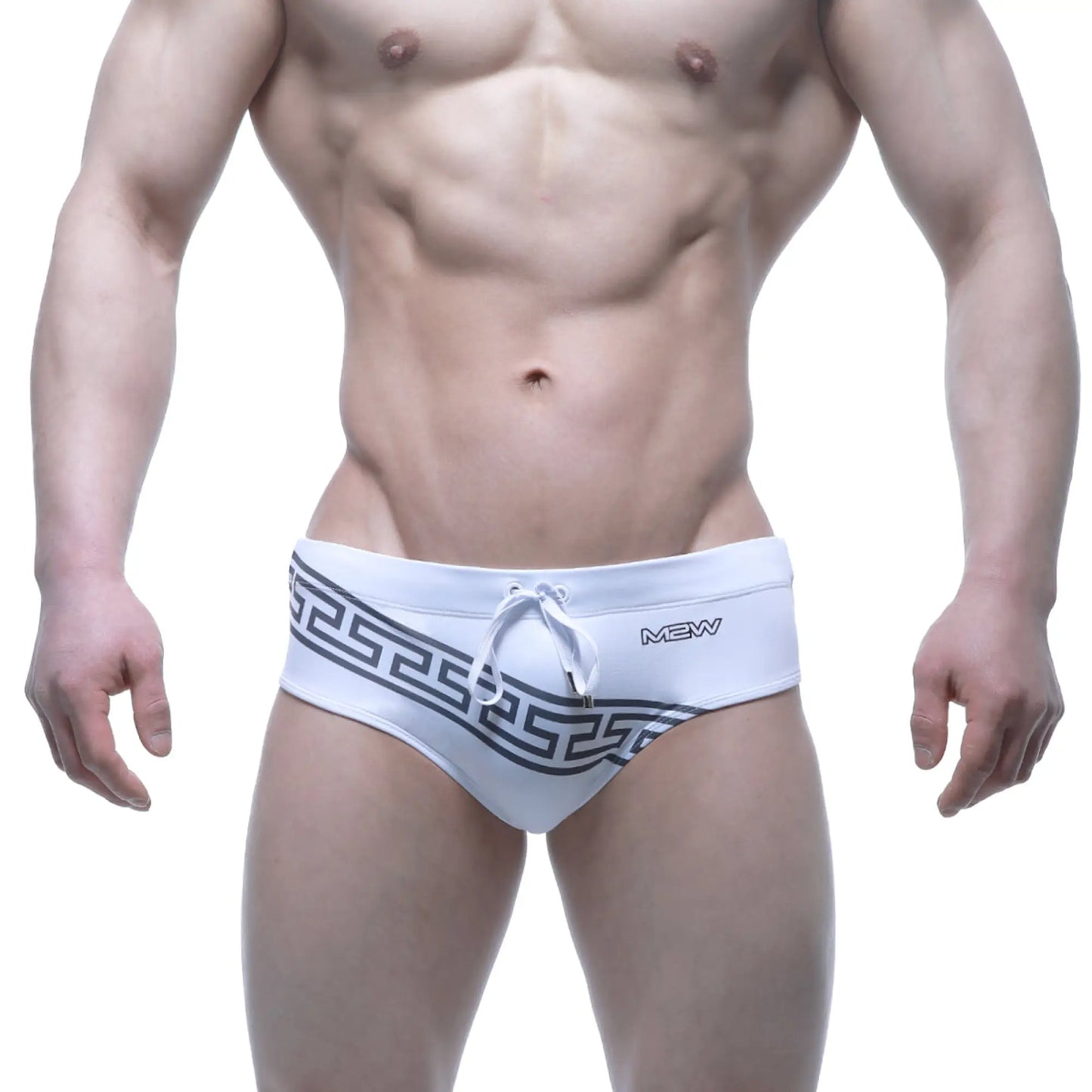 White swim trunks with black greek key waistband and mew logo side detail metroMalewear greek swim brief black 4918-60