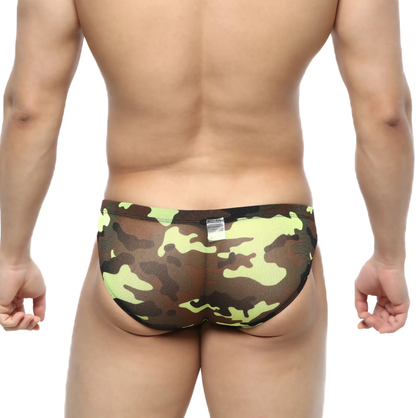 Metromalewear green camo hip brief 5103-81 mesh fabric with green and black camouflage pattern for comfortable wear