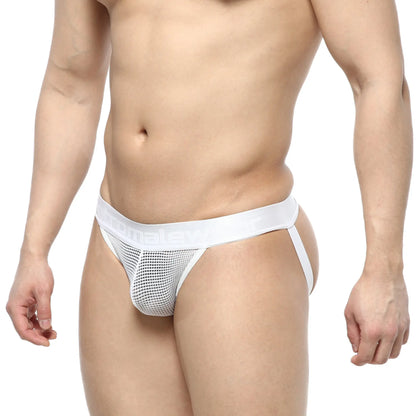 White mesh briefs with a smooth elastic waistband from metromalewear grid mesh jockstraps white 2901-34