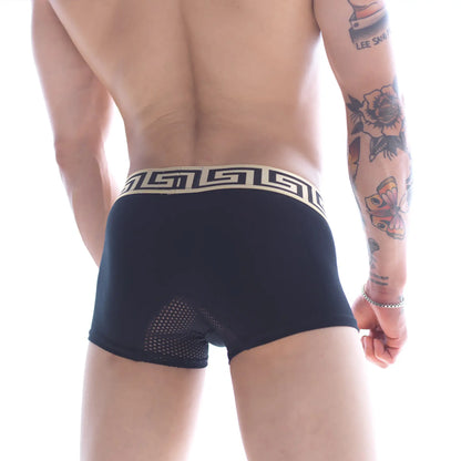 Black mens boxer briefs with cream greek key waistband and mesh back paneling metroMalewear grid short 7 inch