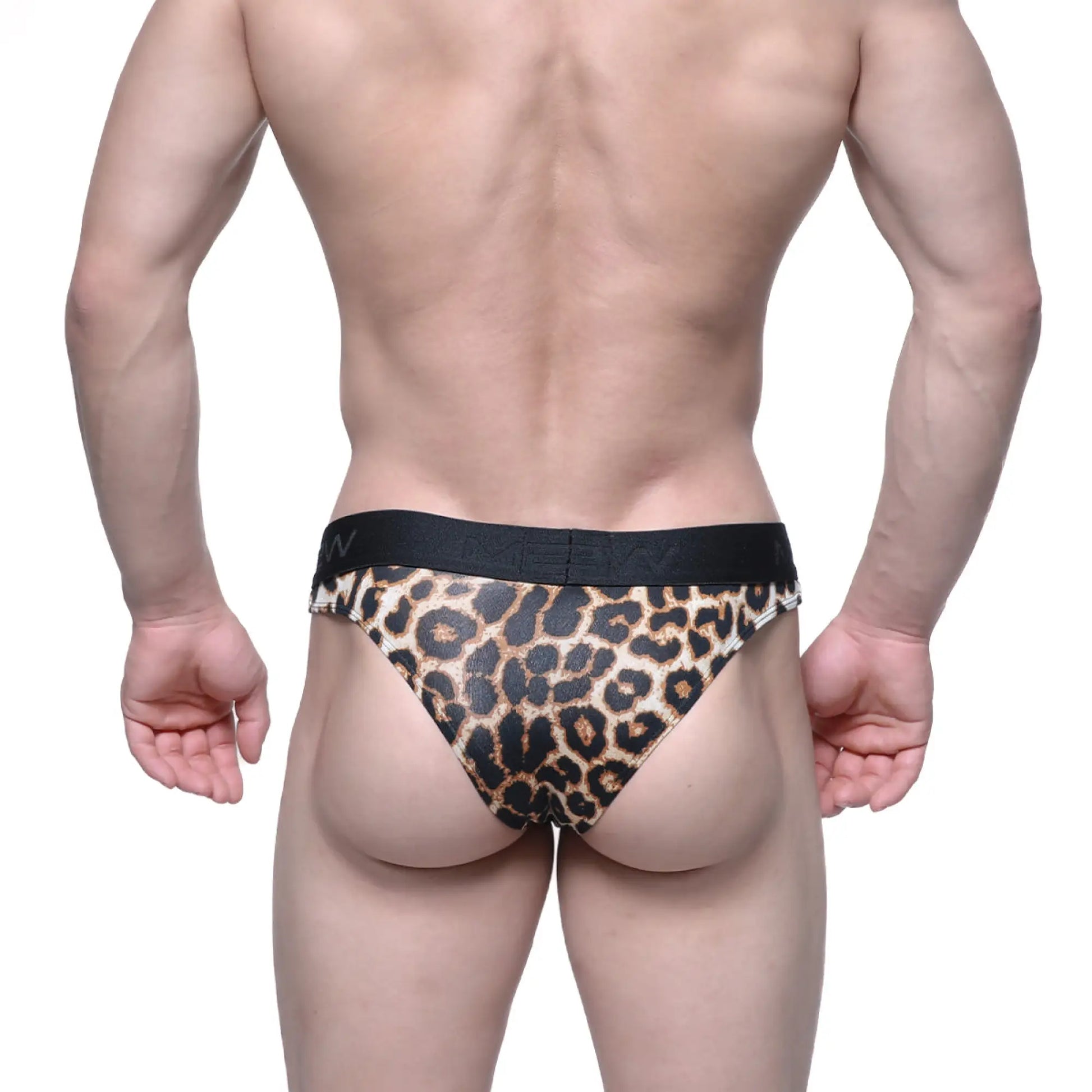 Metro male wear half back bikini leopard 6203-60 leopard print men’s briefs with black elastic waistband back side view