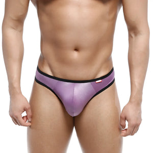 MetroMaleWear half-bikini thong purple 7002-19 with metallic fabric and black trim shown from the back side