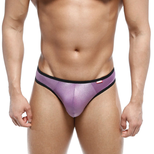 MetroMaleWear half-bikini thong purple 7002-19 with metallic fabric and black trim shown from the back side