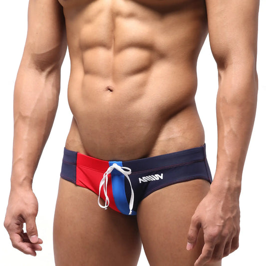 MetroMalewear harbour swim bikini 4917-29 navy blue red and royal blue swim trunks with white drawstring and annu branding
