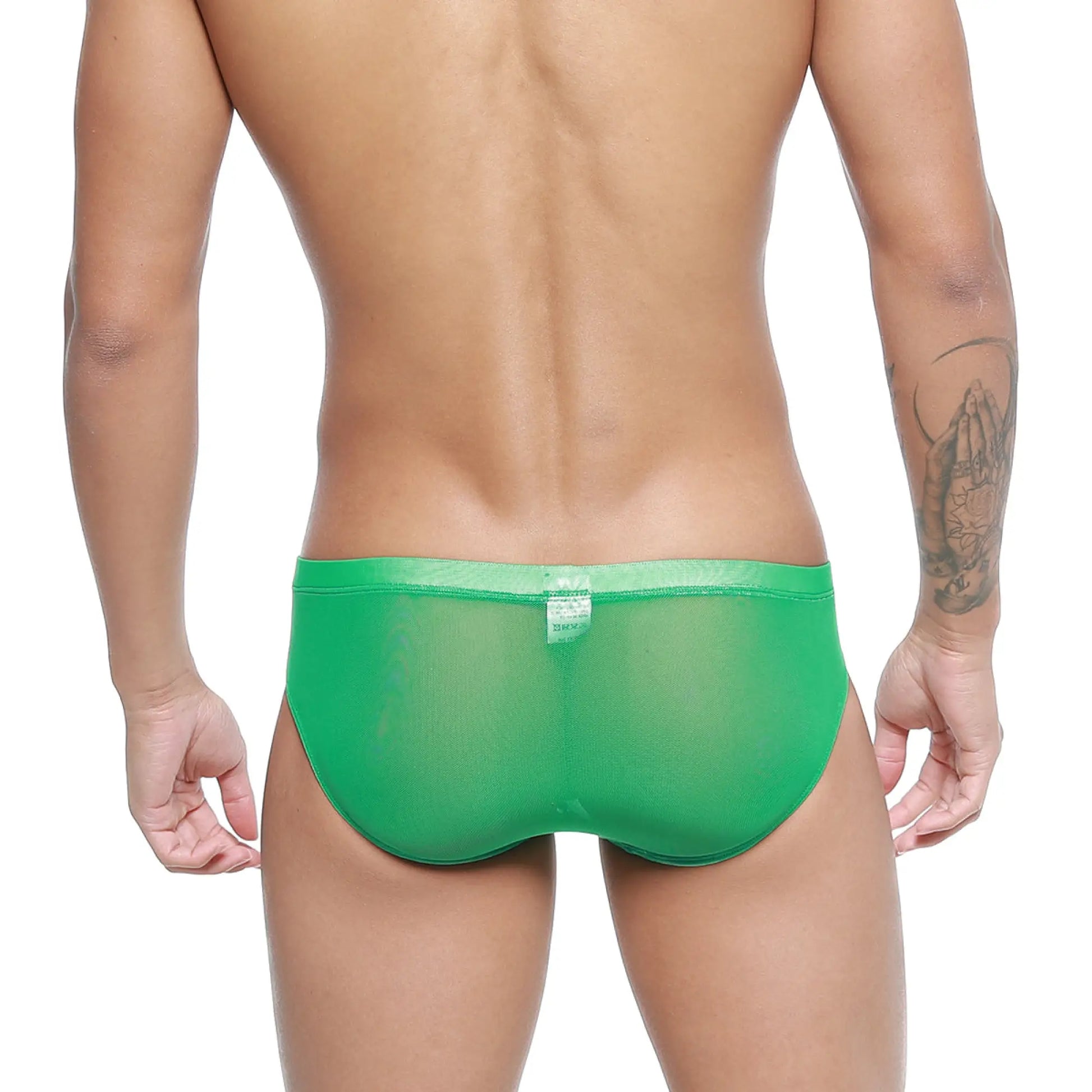 Bright green sheer mesh briefs with solid elastic waistband from metromalewear hierba bikini 5103-m17