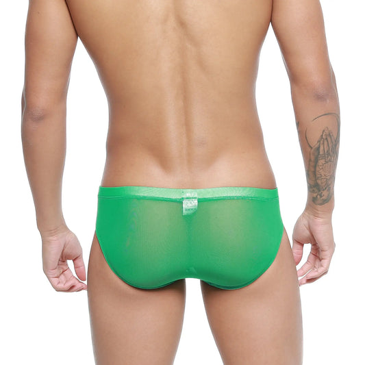 Bright green sheer mesh briefs with solid elastic waistband from metromalewear hierba bikini 5103-m17