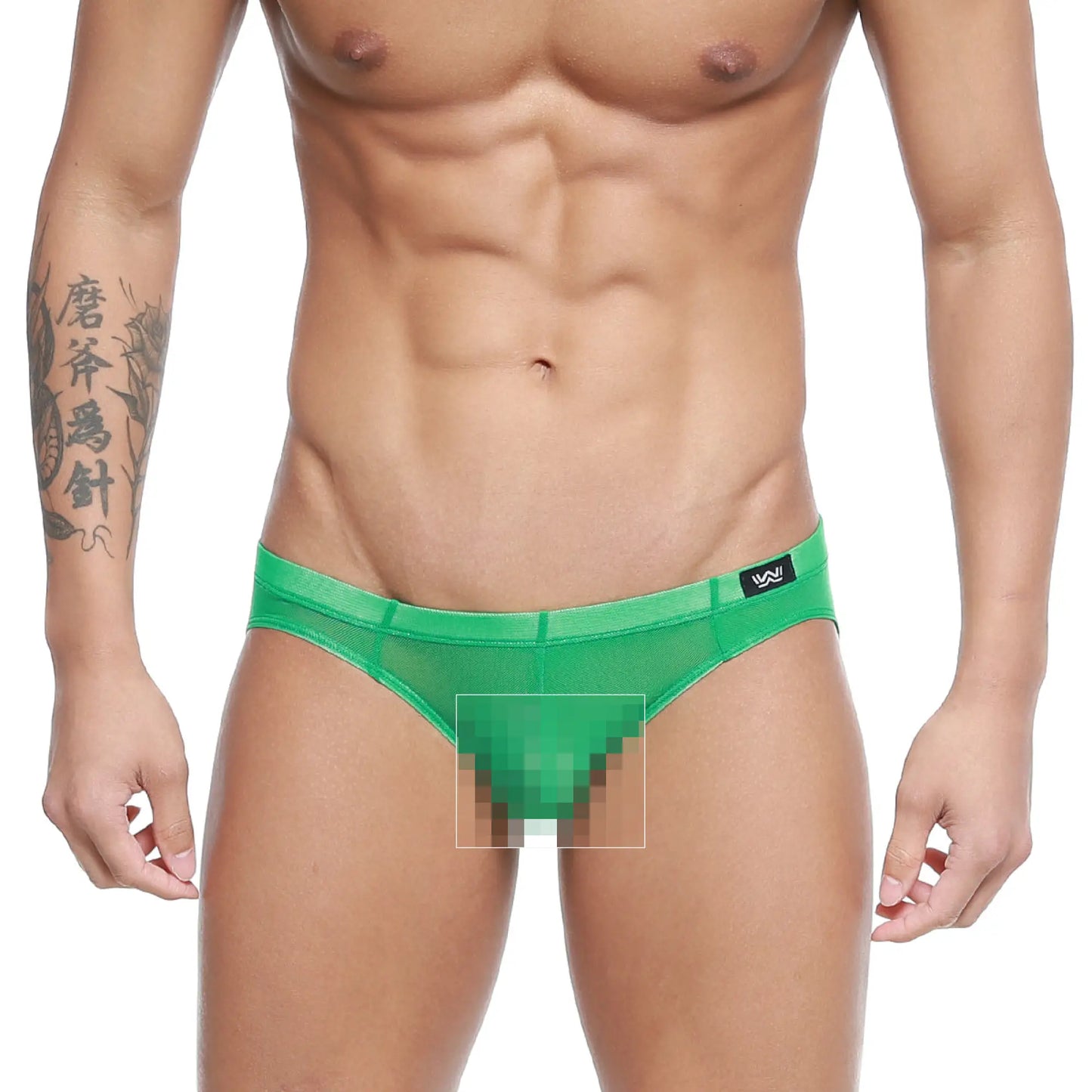 Green mesh briefs with a black logo waistband from metromalewear hierba bikini 5103-m17 product line