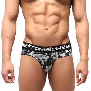 Black and white graphic highcut hip briefs with newspaper print and metromalewear branded waistband