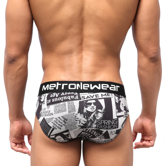 MetroMalewear highcut hip brief in black and white newspaper print with bold metrowear waistband
