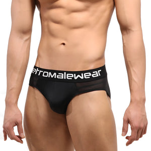 Black men’s highcut hip briefs with mesh stripe and etromalewear logo on waistband in black color