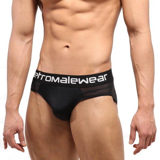 Black men’s highcut hip briefs with mesh stripe and etromalewear logo on waistband in black color