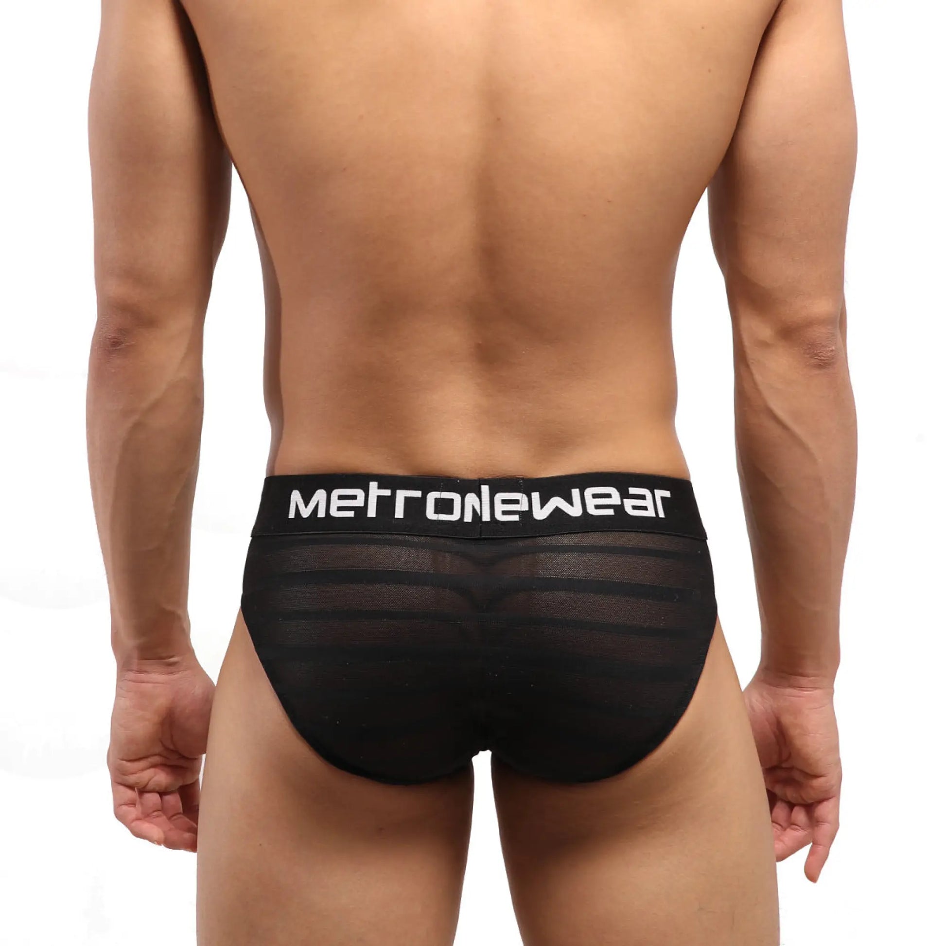Black mesh metro male wear highcut hip brief with white logo waistband and stripe detailing
