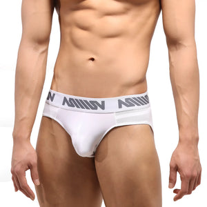 White mens highcut hip briefs with gray elastic waistband and million logo made of mesh stripe material