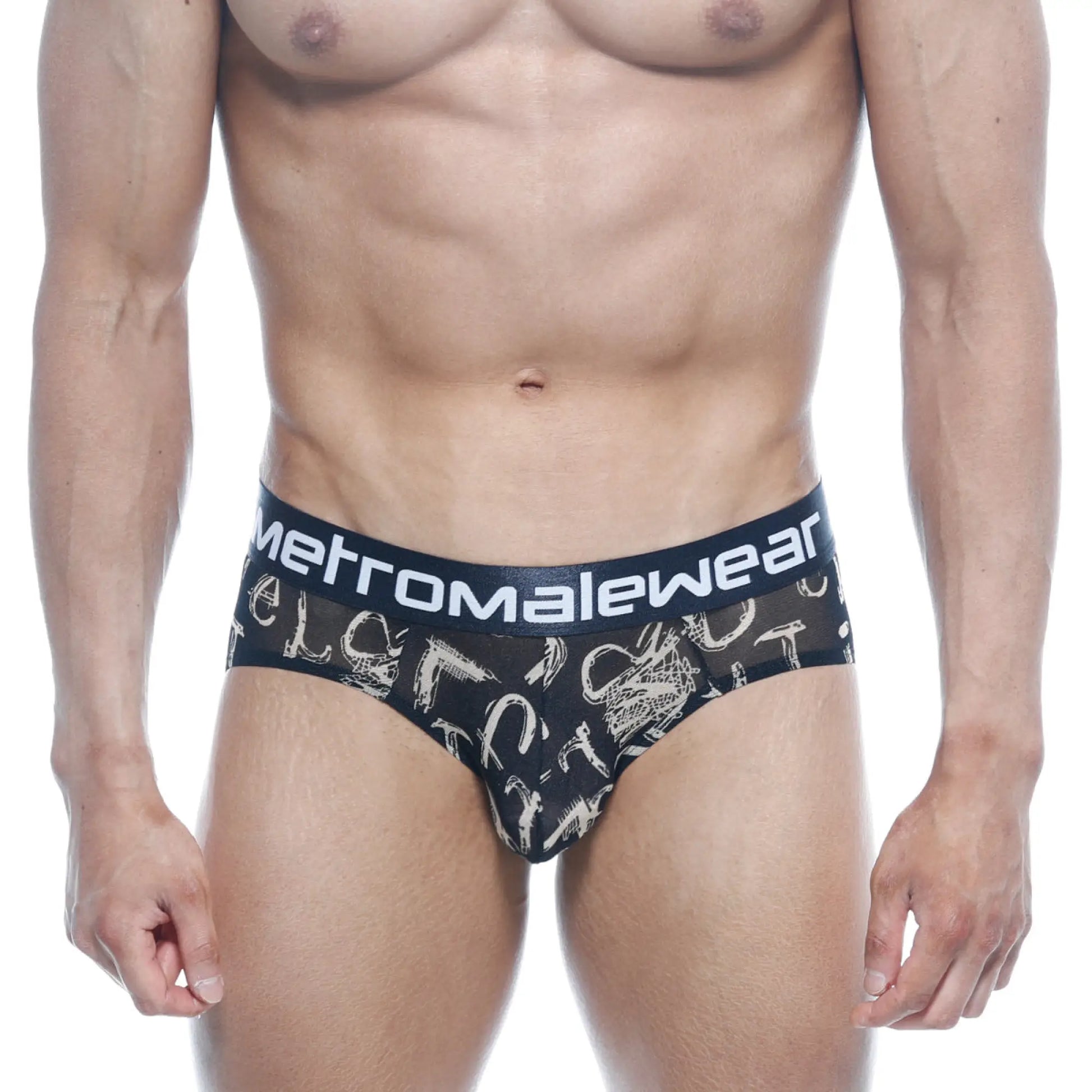 Black men’s briefs with white graffiti style graphic and metromalewear waistband hip brief bar oraculo 5003-03