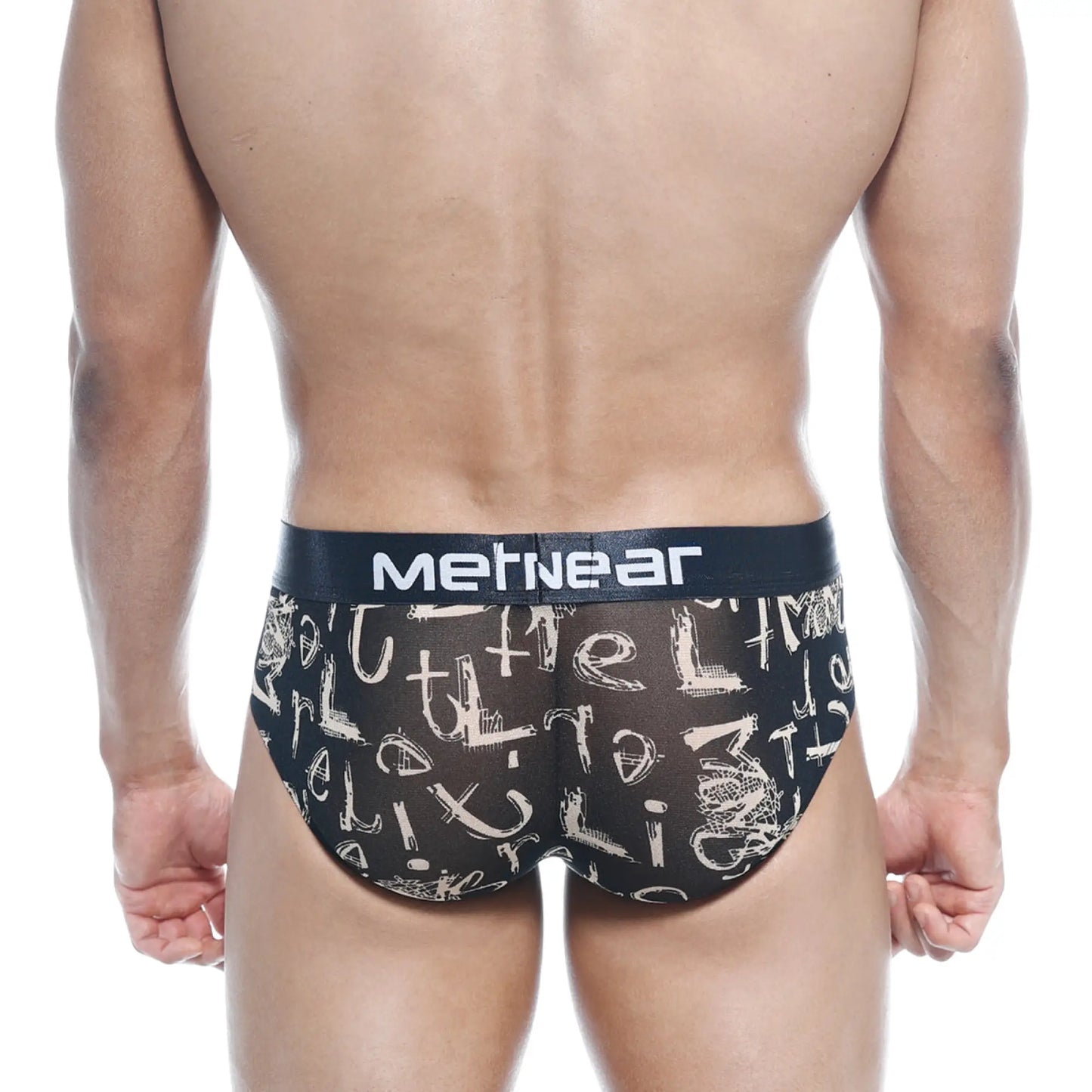 Black mesh metroMalewear hip briefs with white graffiti lettering and black waistband featuring mertnear brand name