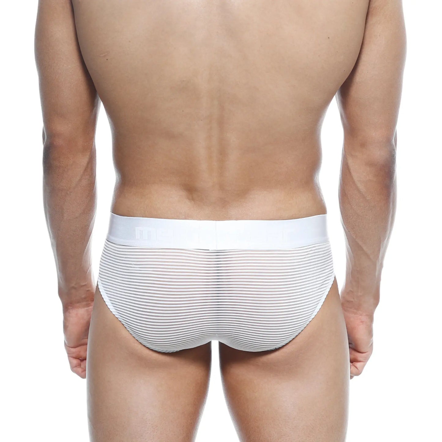 Metro male wear hip brief in white with white striped fabric and solid white waistband for comfortable support