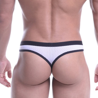 Metro male wear horizon thong white mesh briefs with black trim and subtle dot pattern front view