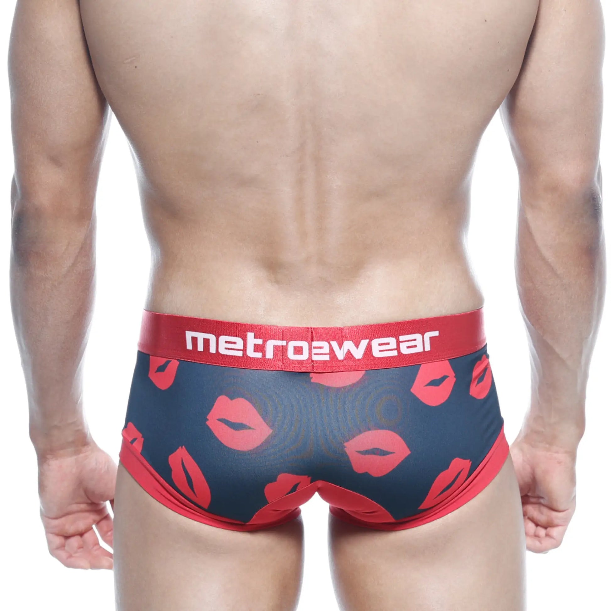 Navy blue metro2wear briefs with red lipstick print and matching red waistband from metroMalewear hotties boxer valentine line