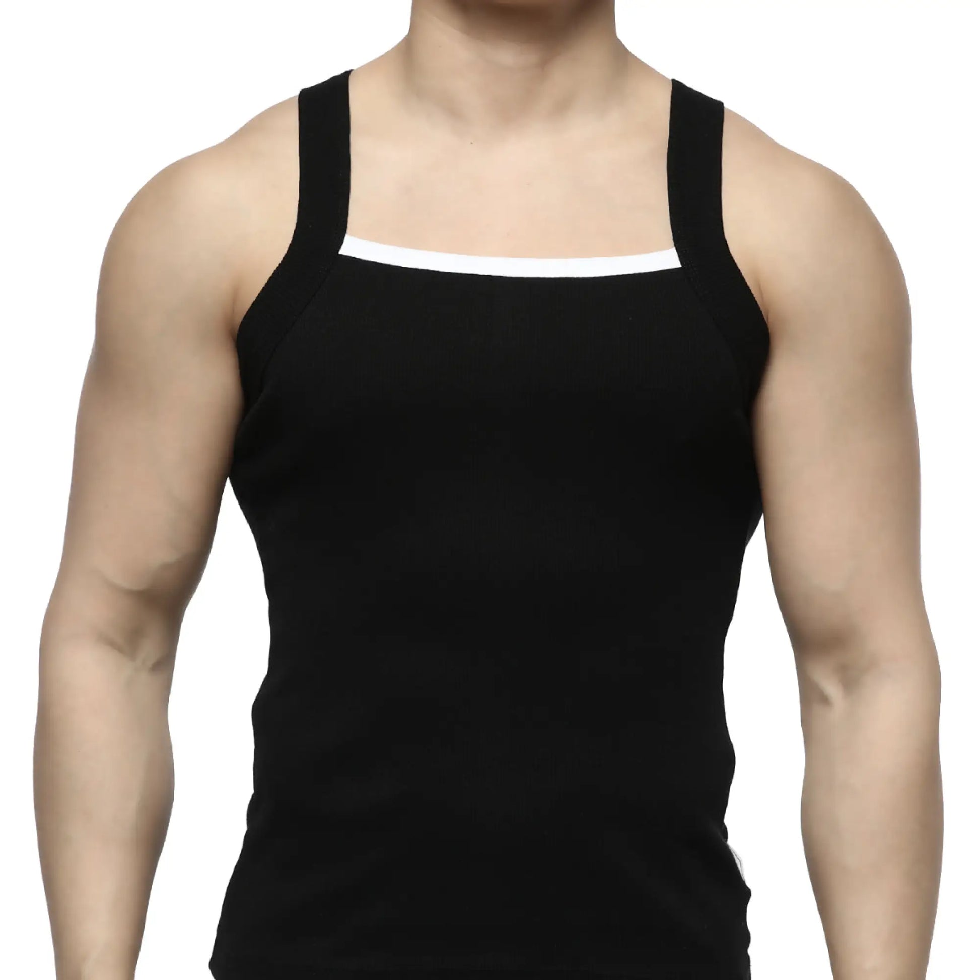 MetroMaleWear hummer tank top black with white trim along neckline and armholes in a comfortable fabric