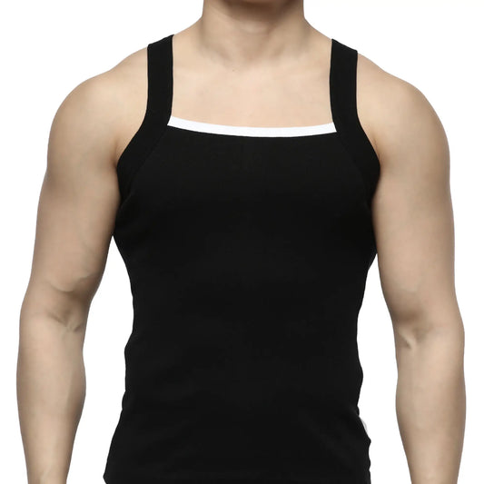 MetroMaleWear hummer tank top black with white trim along neckline and armholes in a comfortable fabric