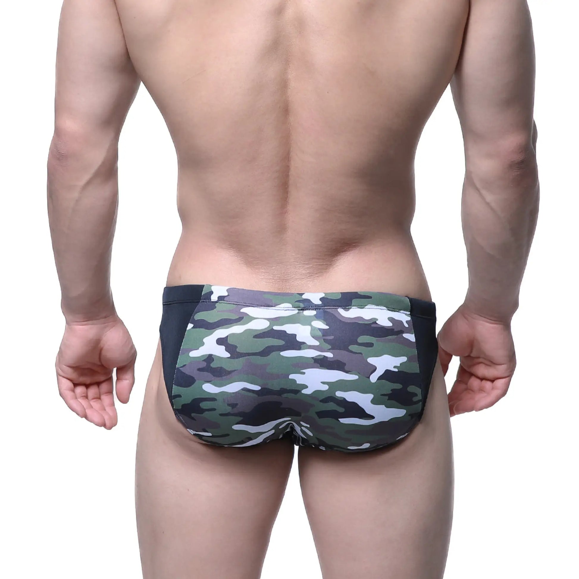 MetroMaleWear hunter swim brief camo 4977-90 green and white camouflage swim trunks with black side panels