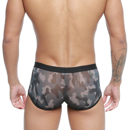 Metro male wear iberico trunk camo 2127-90 black and gray camouflage mesh briefs with solid black waistband