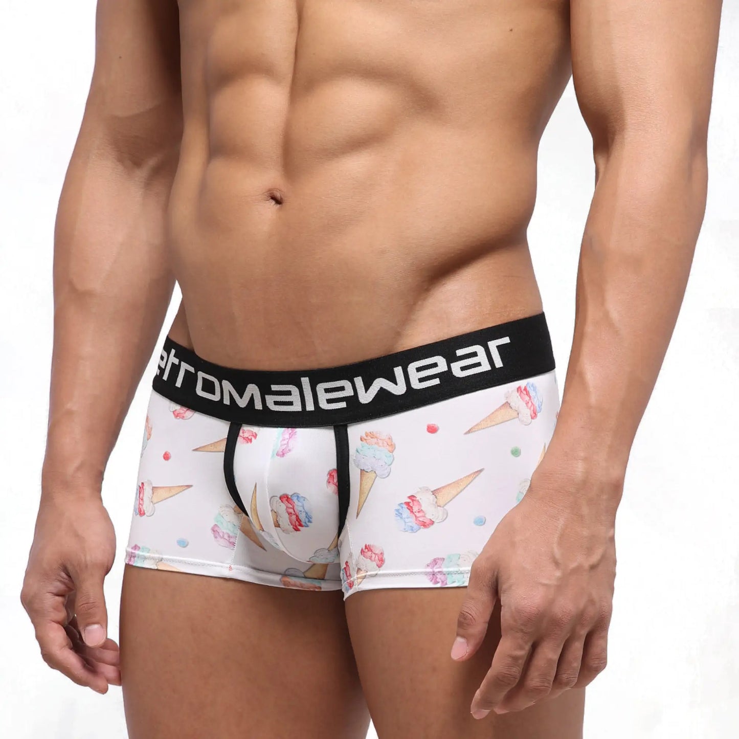 White men’s boxer briefs with playful ice cream cone pattern and black stromalewear waistband metroMalewear 7 inch