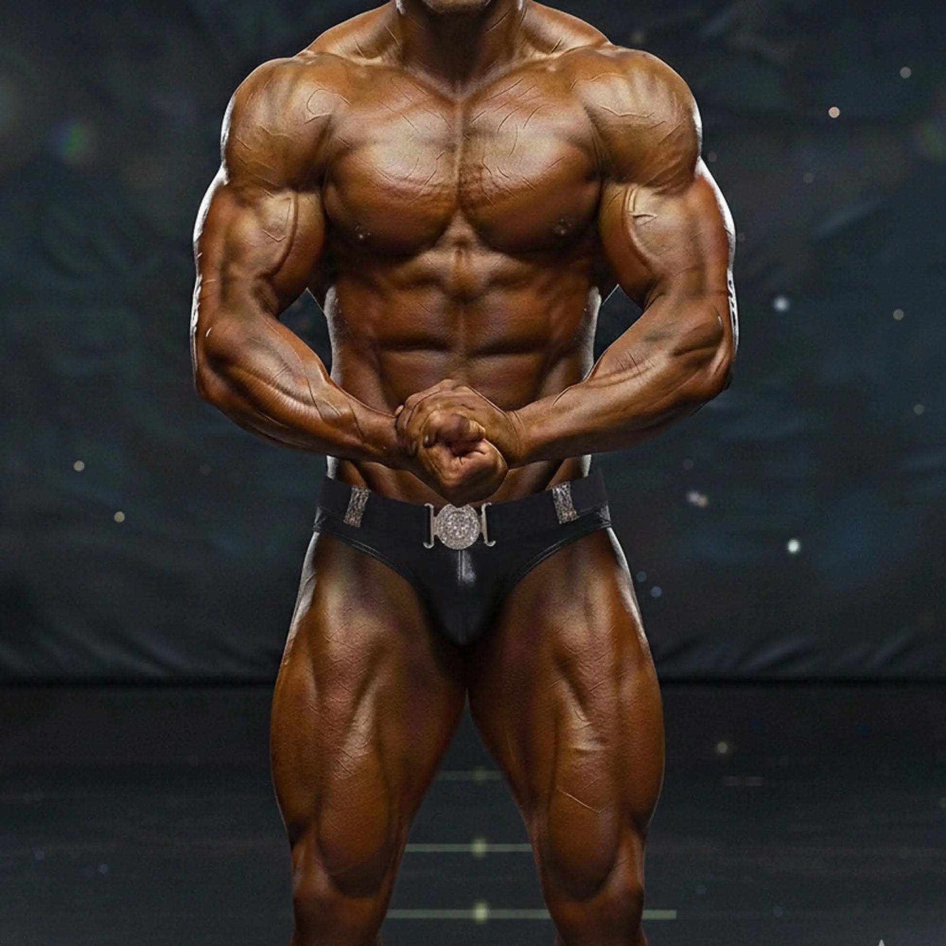 Black MetroMaleWear ICON swim brief with silver ornate belt buckle designed for competitive bodybuilding