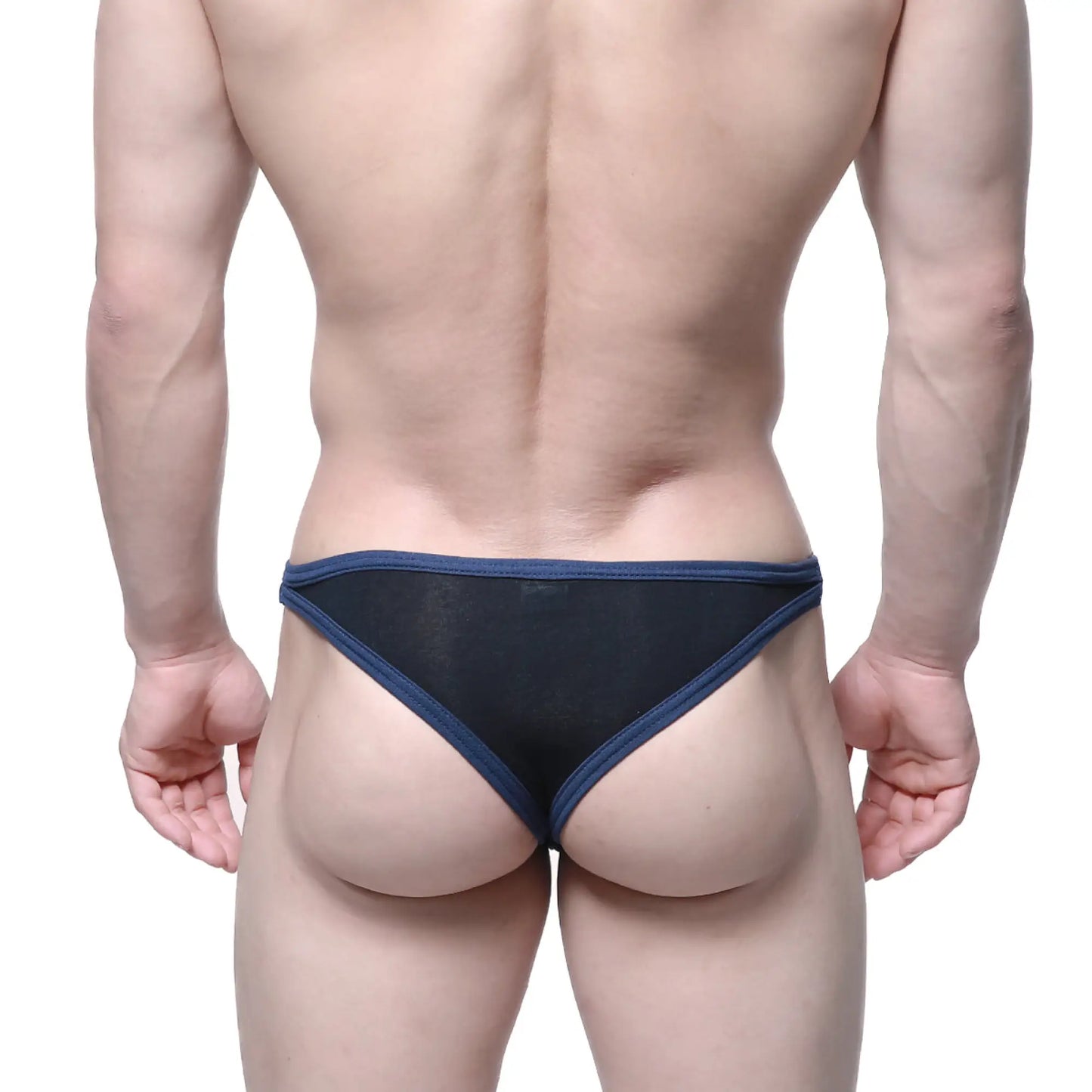 Metro male wear infinito bikini black 6017-20 black mesh briefs with navy blue trim front view