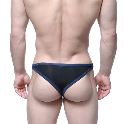 Metro male wear infinito bikini black 6017-20 black mesh briefs with navy blue trim front view