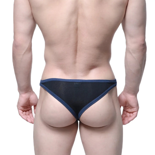 Metro male wear infinito bikini black 6017-20 black mesh briefs with navy blue trim front view