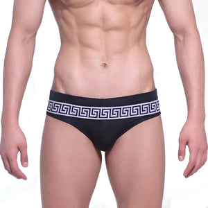 MetroMaleWear Intenso swim brief black with bold white Greek key pattern on the waistband for stylish swimwear