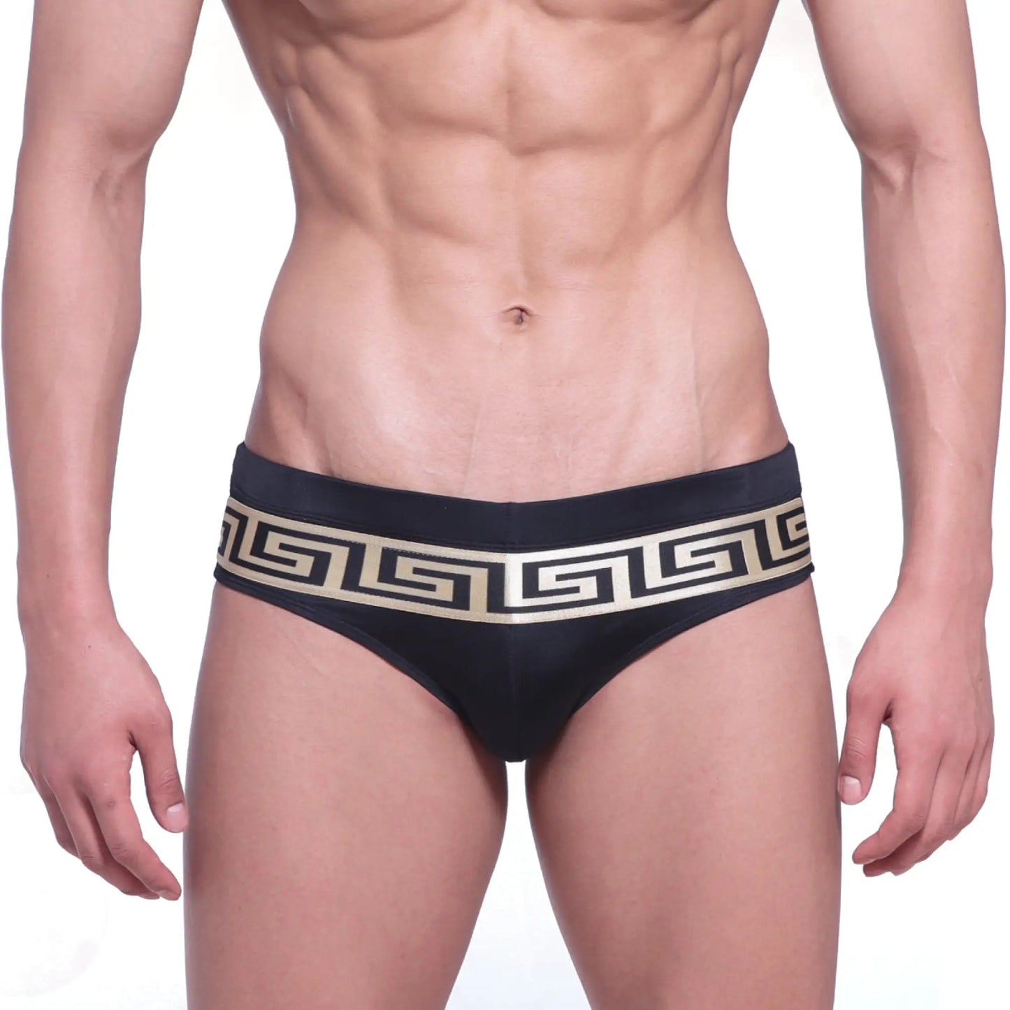 Metro malewear intenso black swim brief with gold greek key pattern along waistband for stylish beachwear