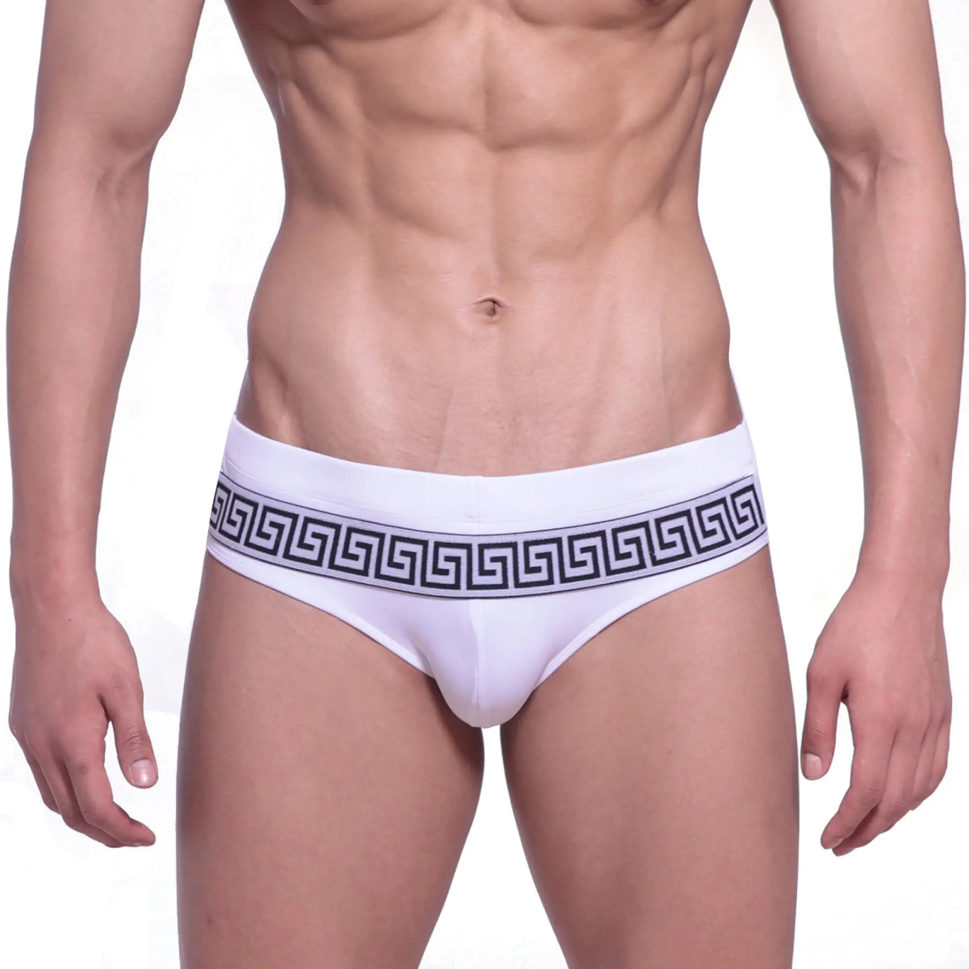 MetroMaleWear intenso white swim briefs with bold black greek key pattern on waistband for stylish swimwear